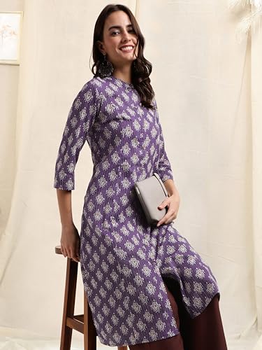 Image of MIRCHI FASHION Women's Cotton Relaxed Fit A Line A- Line Printed Princess Line Kantha Work Kurti Only