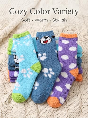 Image of Tipi Toe Womens Fuzzy Crew Socks with Anti Slip Grips Warm Cozy Fluffy Winter Slipper Socks Non Skid Home Socks for Women