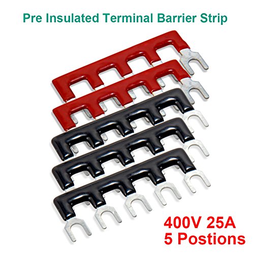 Image of Terminal Block and Strip - 10pcs (5 Sets) 5 Positions Dual Row 600V 25A Screw Terminal Blocks with Cover + 400V 25A 5 Positions Pre-Insulated Terminals Barrier Strips (Black & Red)