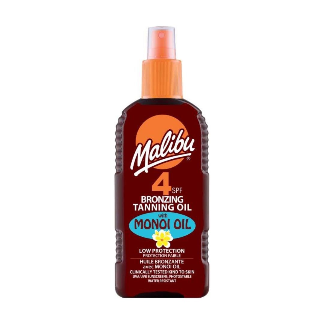 Malibu Sun SPF 4 Bronzing Tanning Monoi Oil Spray, Hydrating Tanning Oil Spray, with Monoi Oil for Natural Golden Tan, Tropical Scent & Water Resistant, 200ml