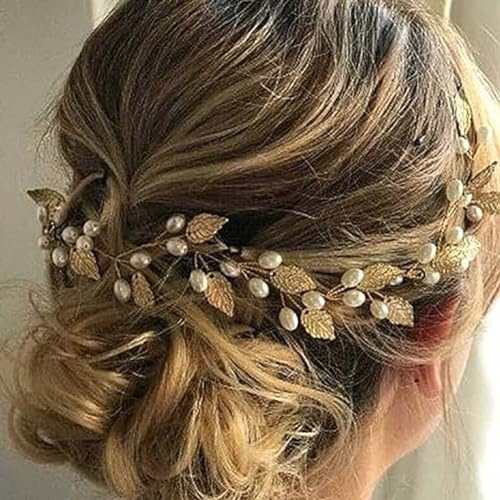 Clataly Diadema de novia con forma de planta trepadora dorada con hojas, diadema de perlas para novia, accesorios para el pelo para mujeres y niñas