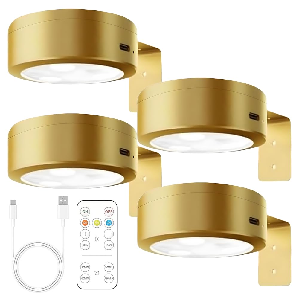 JOAASU 4 Pack Picture Lights for Wall, Magnetic Wall Lights, Wireless Frame Light, Rechargeable Cordless Art Light with Remote Control, 3 Color Temps, LED Puck Light for Painting Frame (Gold×4)