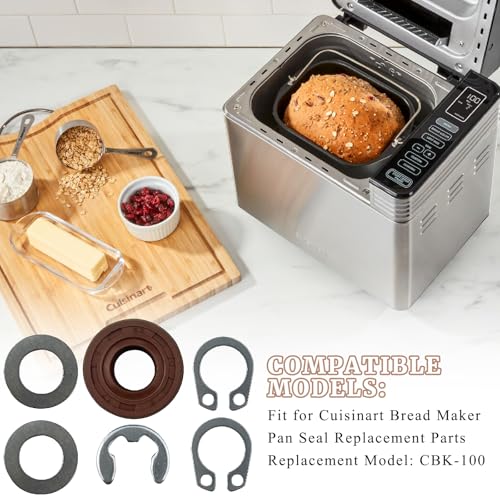 6PCS Heavy Duty Pan Seal Kit Fit for Cuisinart Bread Maker Model CBK-100 CBK-100SS Includes Seal Stainless Steel Flat Washer Clip and E-Clip Installation Guide Kitchen Breadmaker Machine Parts