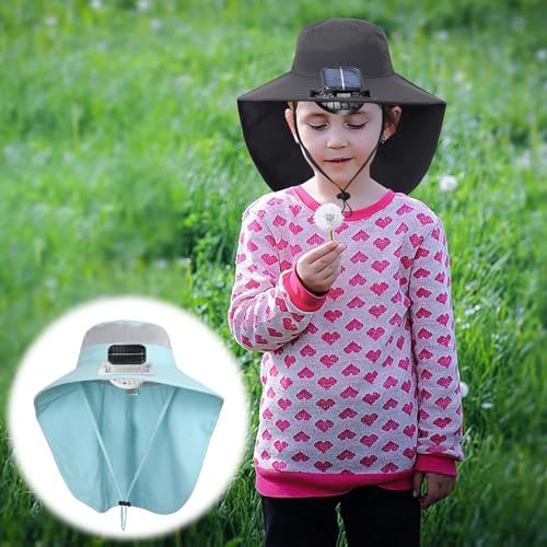 Kids Sun Hat with Solar Fan Wide Brim Hat Adjustable with Neck Flap UPF 50+ for Boys Girls Beach, Solar and USB Powered2