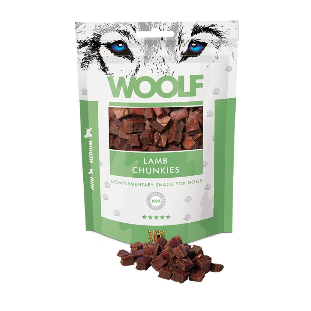 WOOLF Chunkies - Complementary Snacks for Dogs. Dog Treats with Natural Ingredients and High Meat Content, Balanced Nutrition, Free from Artificial Additives. Suitable for Puppies (Lamb, 100g)