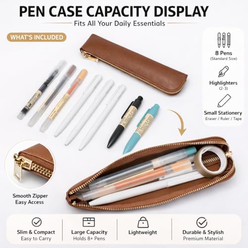 Image of Faux Leather Pencil Case Small Pencil Pouch Slim Pen Case Holder Zipper Bag for School Office(Yellow Brown)
