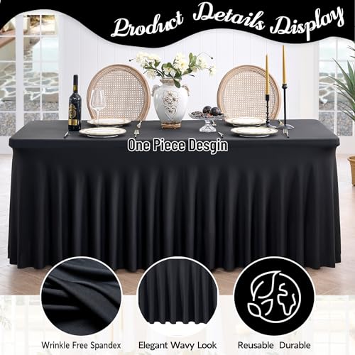 Image of Outpain Black Spandex Tablecloth for 8 Foot Rectangle Tables, 3 Pack Black Fitted Table Cloths 8ft Stretchy Banquet Table Clothes Cover Desk Skirt for Birthday Wedding Parties Baby Shower