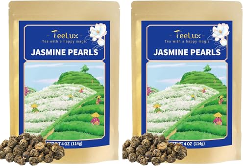 Image of TeeLux Jasmine Pearls Green Tea, Handrolled Green Tea Loose Leaf with Delightful Aroma, Natural Jasmine Pearl Tea, 4 Ounce (Pack of 2)