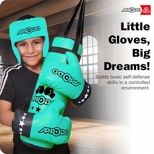 Image of Aprodo Pack of 4 Kids Boxing Kit Set | Punching Bag for Karate | Bounce-Back Martial Arts Bag for Boys & Girls for Age 3 4 5 6 7 8 Years to Relieve Energy and Build Skills (Green-Black)