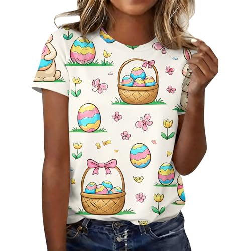 Women's Short Sleeve Round Neck Loose Tops Fashion 2026 Summer Shirts Easter Printed Dressy Casual Blouse T Shirt
