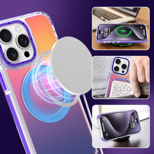 Image of Magnetic for iPhone 15 Pro Max Case with 360 Stand [Compatible with Magsafe] [Fluorescent Design] [1 Screen Protector] Slim Translucent Matte Case for iPhone 15 Pro Max 6.7 inch, Purple
