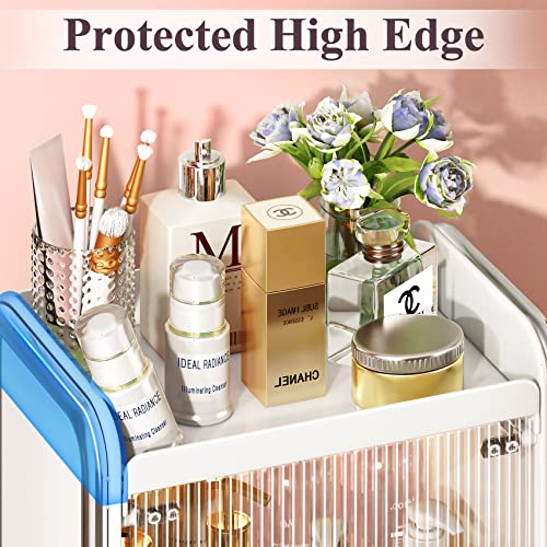 Makeup Organizer, Metal Cosmetic Display Case With Half-Clear Acrylic Door And Pull-Out Drawer, White #TOP3