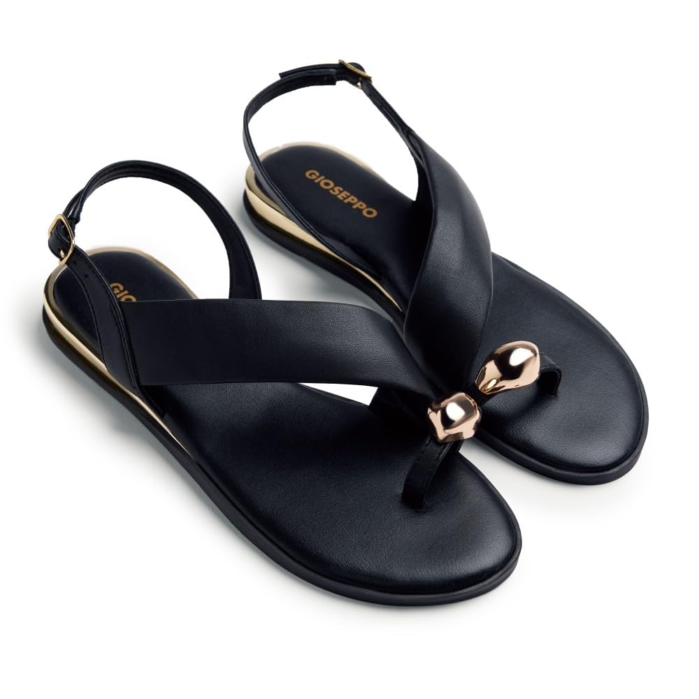 Gioseppo STONY - Sandalias de Piel con Cerco Metalizado en Oro y Anillo con Joya para Mujer, Cierre Ajustable y Planta Acolchada, Diseño Elegante y Cómodo, Color Negro, Talla 41
