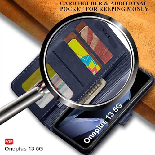 Image of TheGiftKart Flip Cover Back Case for OnePlus 13 5G | Genuine Leather Finish | Designer Button | Inbuilt Pockets & Stand | Wallet Style Flip Back Cover Case for OnePlus 13 5G (Faux Leather, Blue)