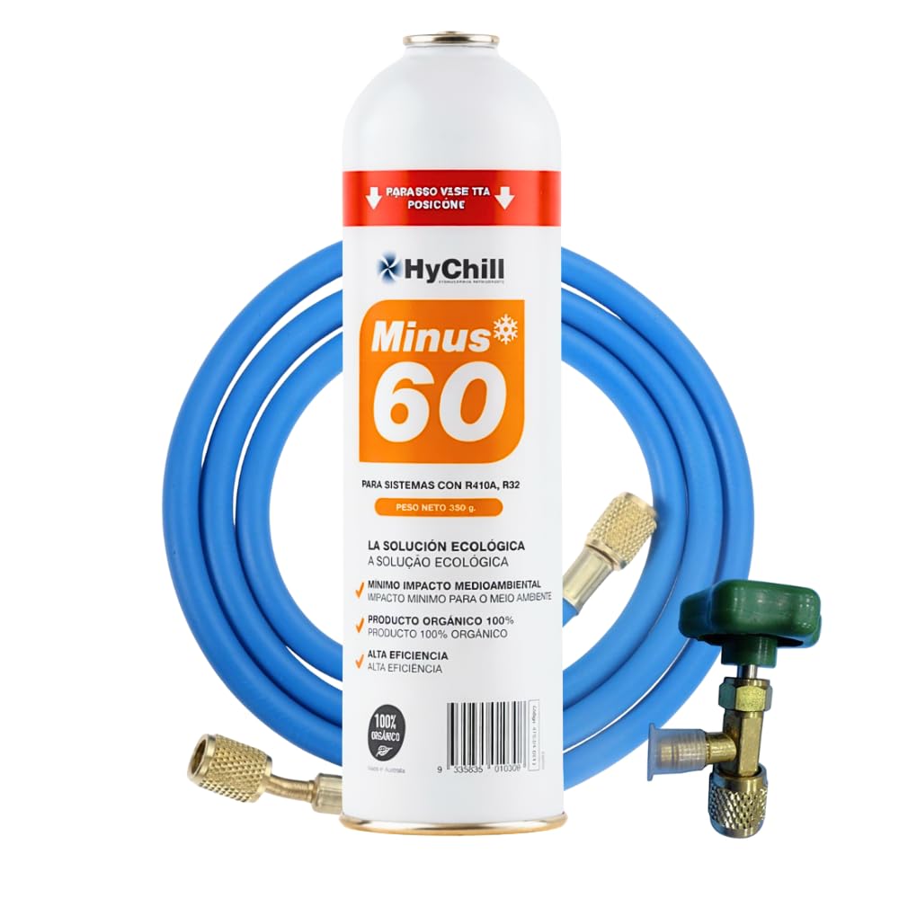 HyChill Minus 60 Refrigerante Técnico Orgánico - Envase Desechable 995 ml - 350gr carga Neta - Uso Profesional - Para aplicaciones de climatización y refrigeración (1 ENVASE + LLAVE + MANGUERA)