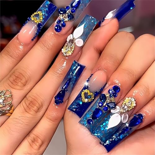QQPPOLIU Royal Blue Press on Nails Long Length Square Shape Acrylic Fake Nails with Rhinestones Designs Nails Mother'S Day Gift 24pcs