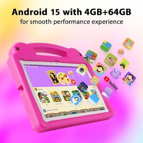 Image of Android Tablet 10 Inch, Android 15 Kids Tablet, A523 Octa-Core, 8GB+64GB, 1TB Expandable, WiFi 6 (2.4G+5G), EVA Case with Stand, Pink
