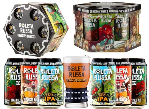 Kit Presente Cerveja Roleta Russa IPA, APA, Easy IPA Lata 350ml e Copo Bracelete 300 ml