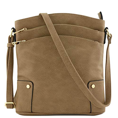 Triple Zip Pocket Large Crossbody Bag (Taupe)