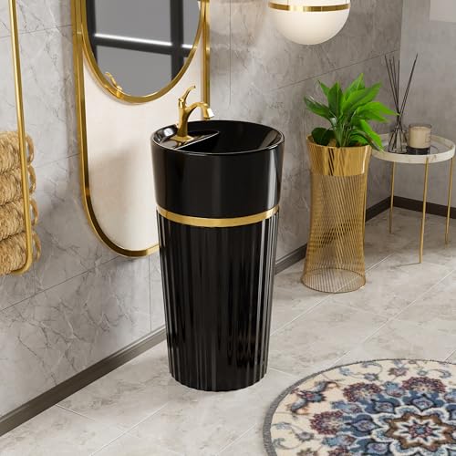Image of BASSINO 18x18x33 Inches Ceramic Pedestal Wash Basin /7 Years Warranty /One Piece Free Standing Basin For Bathroom /Living Room /Salons /Round Modern Sink /Floor Mounted Washbasin(Glossy Black & Gold)