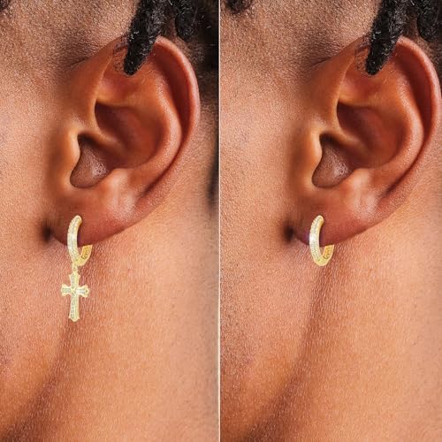 KRKC Cross Dangle Earrings - Sterling Silver Hoop, 14K Gold Plated, Hypoallergenic, 15mm Cross Dangle Drop Round Earrings for Men & Women2