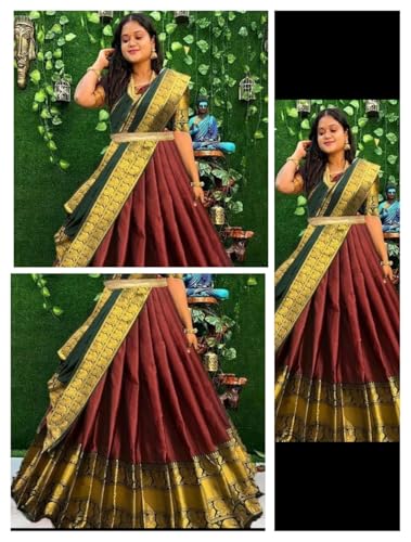 Image of RENVAANI Women's Traditional Kanjivaram Kanchipuram Silk Unstitched Lehenga Choli with Dupatta (MAROON BT)