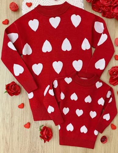 Image of Mommy and Me Matching Sweaters Outfits Heart Graphic Sweater Family Matching Clothes Long Sleeve Pullover Tops