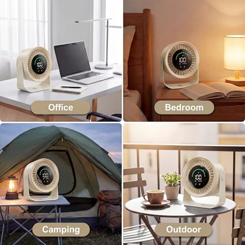 Image of Desk Fan with LED Digital Display, USB Rechargeable Quiet Desktop Fan, Touch Control Portable Mini Table Fan with 5 Speed Modes, 360Adjustable Tilt for Bedroom, Office & Home (Khaki)