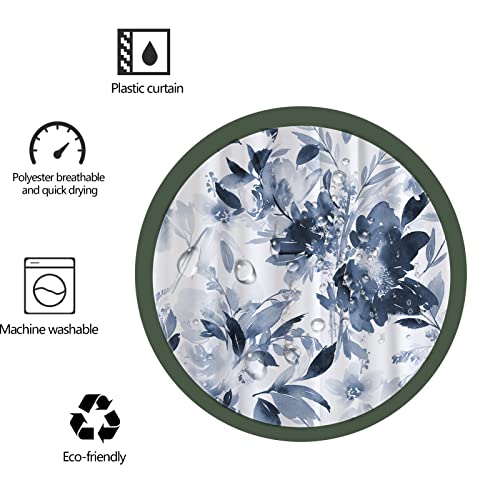 Decoreagy Navy Blue Floral Shower Curtain,Watercolor White Lush Flower Bathroom Shower Curtains,Modern Pretty Ink Flowers Plant Bath Curtain Sets With 12 Hooks 72X72In,Waterproof Fabric #TOP7