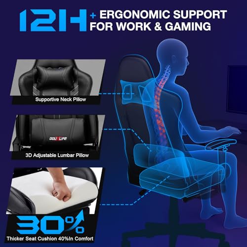 Image of Douxlife 7-Point Massage Gaming Chair with Footrest, 400lbs Heavy Duty Ergonomic Computer Chair, 175 Reclining High Back Racing Seat for Adults with Adjustable Armrests & Lumbar Support, Black