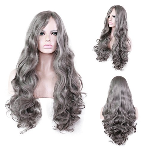 Pengruizhi 28" Long Curly Grey Wigs for Women Heat Resistant Fiber Party Wig with Free Wig Cap