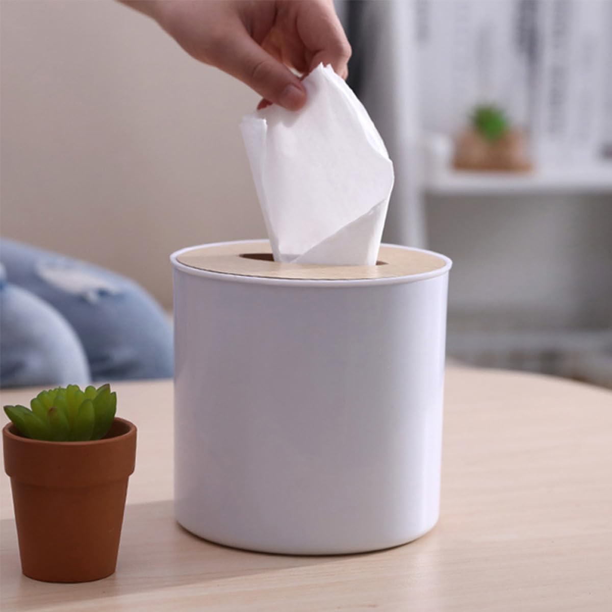 Dispensador Diseño Multifuncional 3 Piezas Redondo de Servilletas de Madera Blanco para Almacenamiento Conveniente en Cocina y Baño