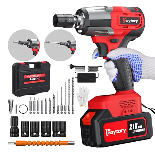 HSHa Clé à Chocs Sans Fil Brushless avec 4.0 Ah batterie, 550 N.M Boulonneuse à choc Electrique 21 V pour la voiture et la Maison, avec 4 Douilles à Chocs et 12 Accessoires pour Perceuses