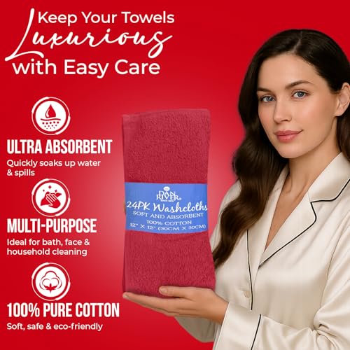 Image of DAN RIVER 24 Pack Wash Cloths for Showering [12x12] - 100% Cotton Washcloths Premium Quality Flannel Face Cloths for Bathroom, Highly Absorbent and Soft Feel Wash Clothes, Red