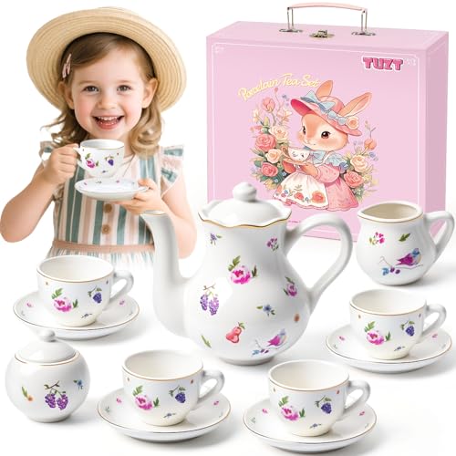 TUZT Tea Party Set for Little Girls Ages 3-8, White Floral Porcelain Tea Set with Gold Trim Edges, Princess Tea Time Toy Includes Pot & Cups & Saucers...