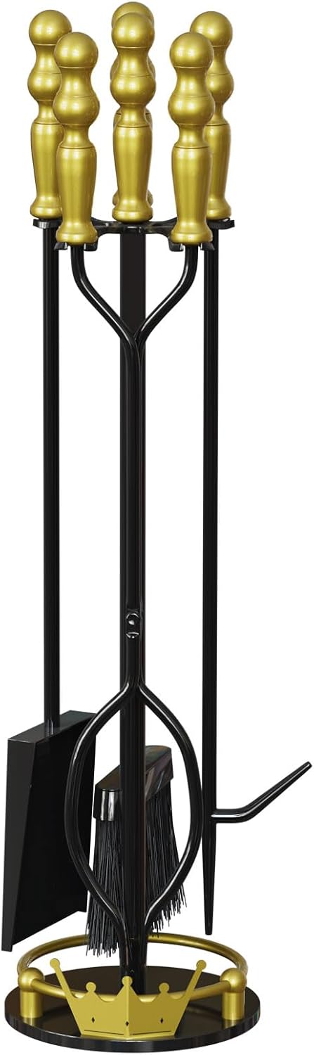 5 Pcs Fireplace Tools Set, Indoor/Outdoor Fireplace Tool Set Includes Fire Poker, Tongs, Brush, Shovel and Stand, Heavy-Duty Black Wrought Iron Fireplace Accessories for Fire Pit & Fireplace