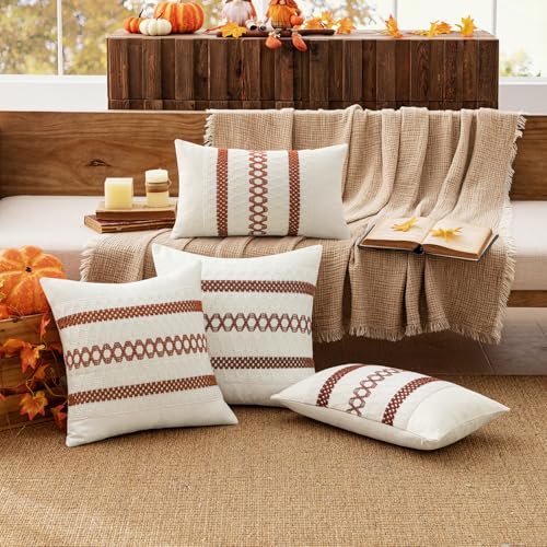 Image of MIULEE Set of 2 Burnt Orange Decorative Pillow Covers 18x18 Inch | Fall Farmhouse Boho Couch Throw Pillows Modern Cotton Cushion Covers Macrame Woven Home Decor for Bed Sofa Chair