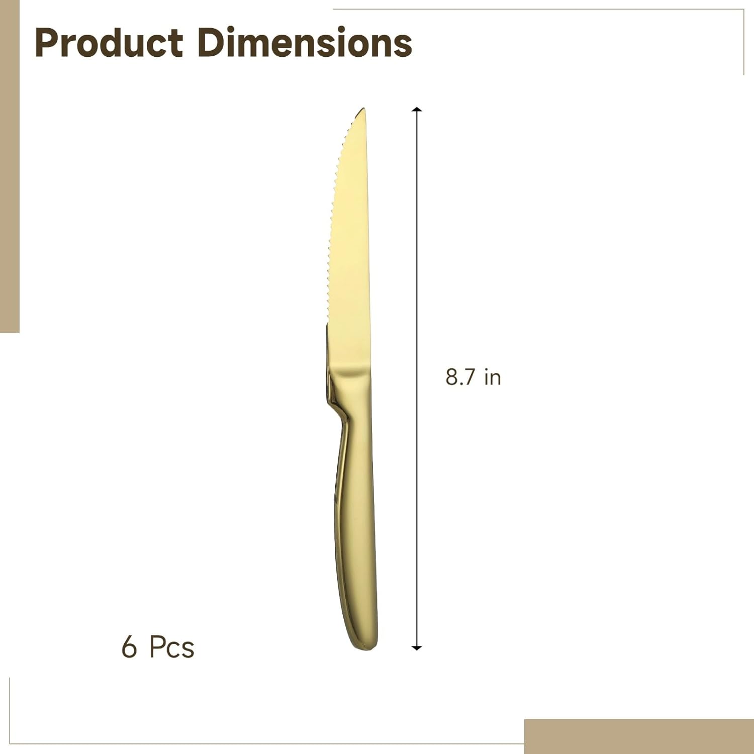 6-Piece Gold Steak Knife Set, Serrated Edge Stainless Steel​ Knives with Ergonomic Handles​ for Steak & Meat Cutting, Luxury Dinnerware for Home & Restaurant