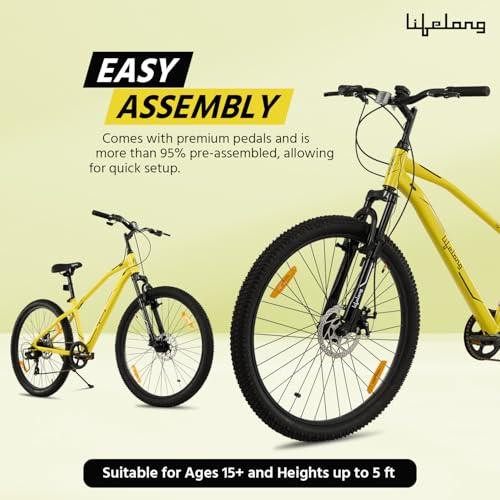 Image of Lifelong Gear Cycle for Men & Women MTB 26T with Dual Disc Brake - MultiSpeed 7-Gear Bicycle - Front Suspension Fork - Mountain Bike Ideal for 15 Years + Adults Upto Height 5 ft 5 inches (Yellow)