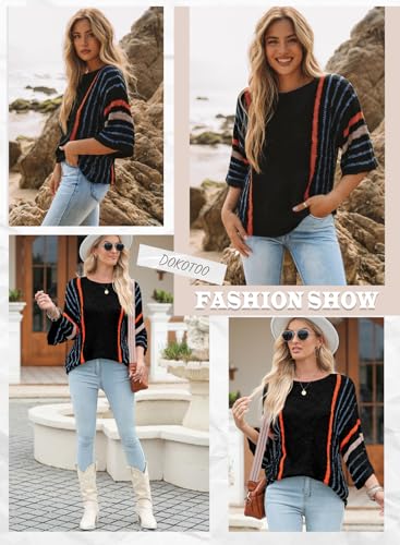 Image of Dokotoo Womens 2026 Spring Summer Casual Crewneck 3 /4 Sleeve Striped Lightweight Knit Trendy Boho Tops Pullover Sweaters
