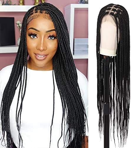 Brinbea 36" Full Lace Braided Wigs Knotless Box Braided Wigs with Baby Hair HD Lace Front Braid Wigs for Women Full Handmade Black Synthetic Cornrow Braided Hair Wig