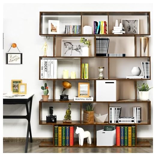 Tangkula 6 Tier S Shaped Bookshelf, 31.5''L x 9''W x 75''H, Wooden Bookcase and Bookshelves w/Anti-Toppling Device, Room Divider Display Shelves for Living Room, Home Decor, 6 Shelf Bookshelf