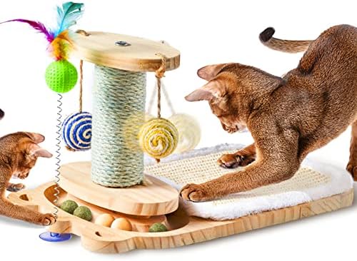 Aokeea Cat Toy Turntable Wooden Track with Interactive Balls, Kitten Toys with Sisal Dangling Balls and Feather, Cat Scratching Post, Natural Sisal Cat Scratch Mats for Indoor Cats and Kittens