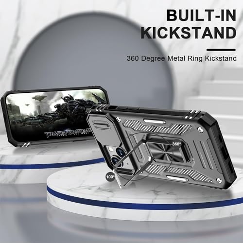 Image of ShieldTech Back Cover Case Compatible for Apple iPhone 15 with Slide Camera Cover & Rotated Ring Kickstand | Military Grade Mobile Phone Cover Case for Apple iPhone 15 (Black)