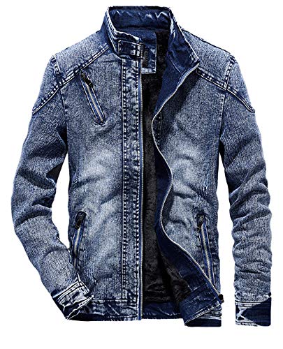Men's Winter Front Zip Distressed Denim Jacket Outerwear Cotton Stand Collar Lightweight Denim Jackets