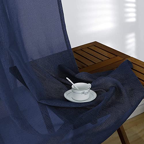 Semi Sheer Navy Blue Curtains 84 Inch Length For Living Room Set 2 Panels Rod Pocket Window Coverings Faux Linen Nautical Masculine Drapes Indigo Blue Sheer Curtains For Boys Bedroom Decor 52X84 Long #TOP6
