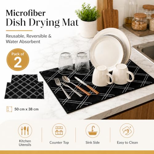 Image of Cutting EDGE Microfiber Dish Drying Mat - Water Absorbent & Reversible for Kitchen Utensils, Counter Top, Sink (Pack of 2, 50CM X 38CM - Black)