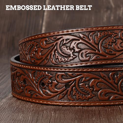 Image of SANSTHS Genuine Leather Cowboy Belts for Men Western Belt Buckle for Jeans