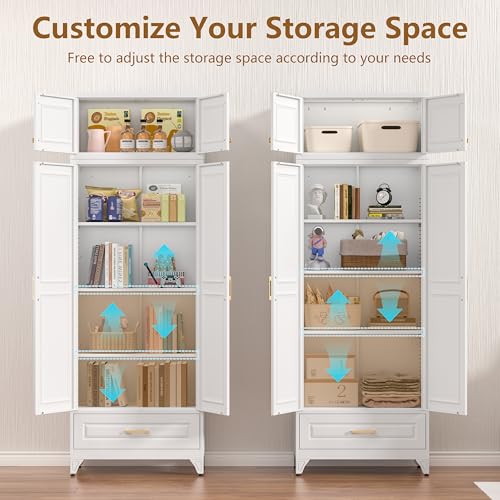 Image of Polup Kitchen Pantry Cabinet, 90 inch Tall Metal Storage Cabinet with Doors | White Heavy-Duty Steel Cupboard, 5 Adjustable Shelves, Magnetic Latch, Gold Handles, for Dining Living Room, Laundry, Garage