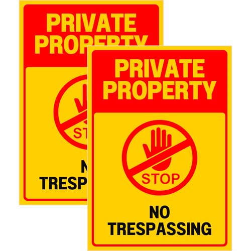 Image of Private Property No Trespassing Sign Sticker Board (20.5 x 14.5 CM) - Self Adhesive Warning Sign with Pre-Made Holes - Pack of 2 (Private property, Medium -20.5 x 14.5 CM)